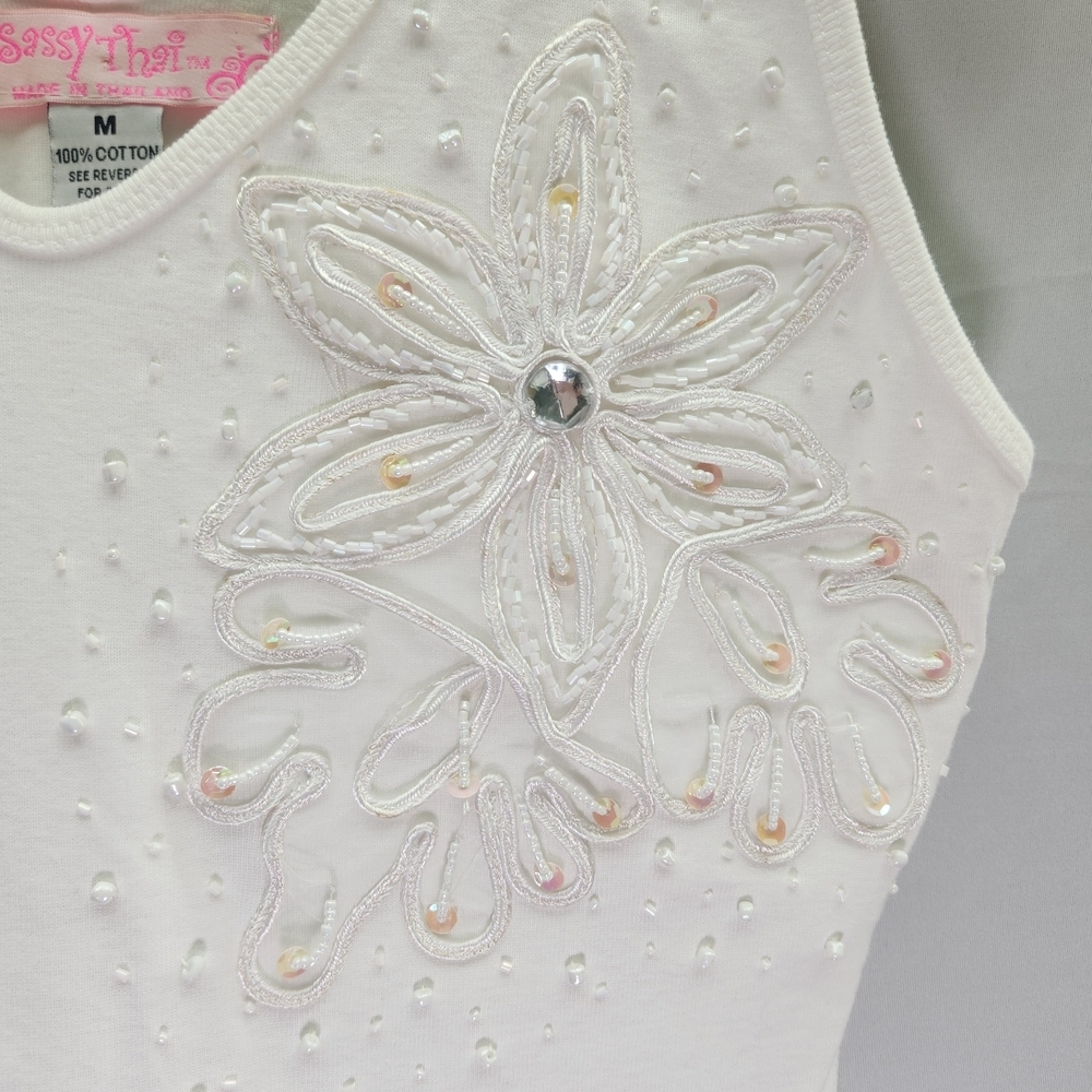 Y2K Sassy Thai 100% Cotton White Floral Embellished Tank Top. - Picture 2 of 8